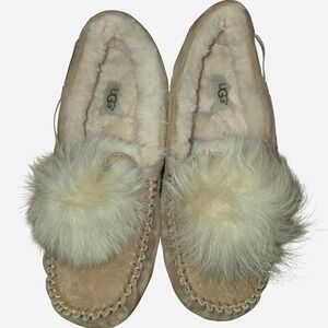 UGG Tasman Suede Pom Pom Slippers Tan Cream 1019062 Womens 9